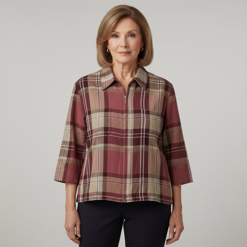 Lemon Grass XL Women's Blouse Top Zip Front Burgundy Tan Plaid 3/4 Sleeve Casual